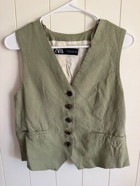 Zara Light Olive Green Linen Blend Vest